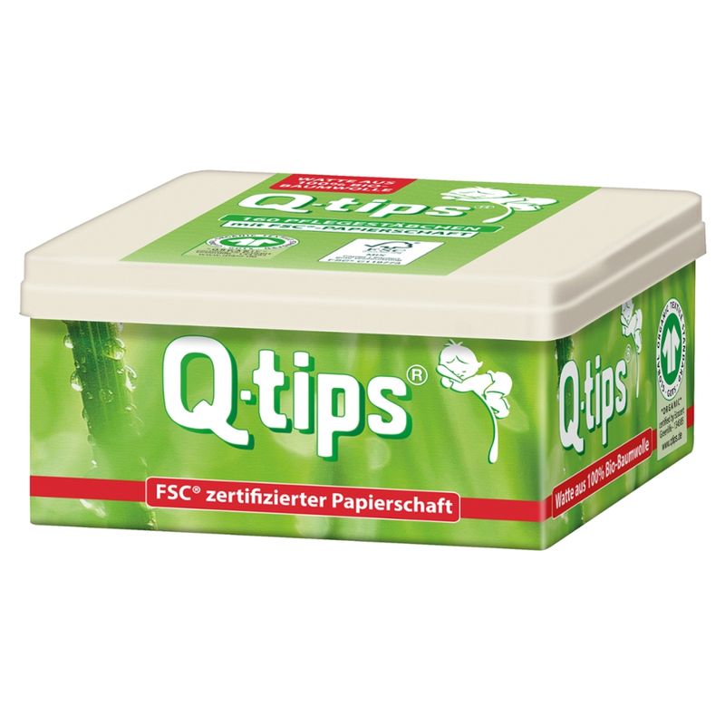 Q-tips® Q-tips® Bio-Pflegestäbchen, Würfelbox, 160 Stück - Produktbild