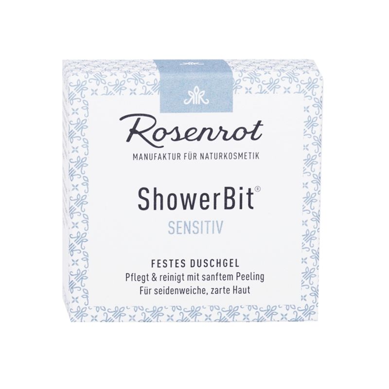 Rosenrot Naturkosmetik ShowerBit® - festes Duschgel Sensitiv - 55g - in Schachtel - Pflegedusche mit sanftem Peeling-Effekt für seidig, zarte und glatte Haut. - Produktbild