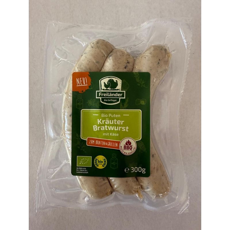 Freiländer Bio Geflügel Puten Kräuterbratwurst mit Käse, 300 g, vac., frisch, im 3er Gebinde - Produktbild