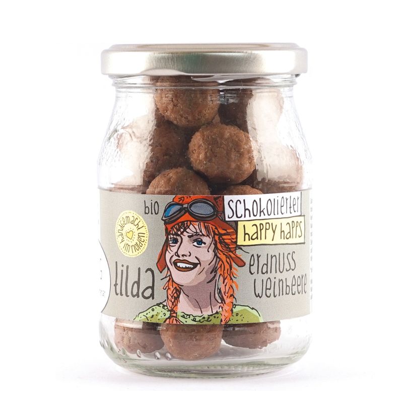 GUTDING Tilda - Happy Happs schokoliert - Erdnüsse, Weinbeeren - bio, glutenfrei - im Pfandglas. Tilda: ein weiches, schokoliertes Kaubonbon. - Produktbild