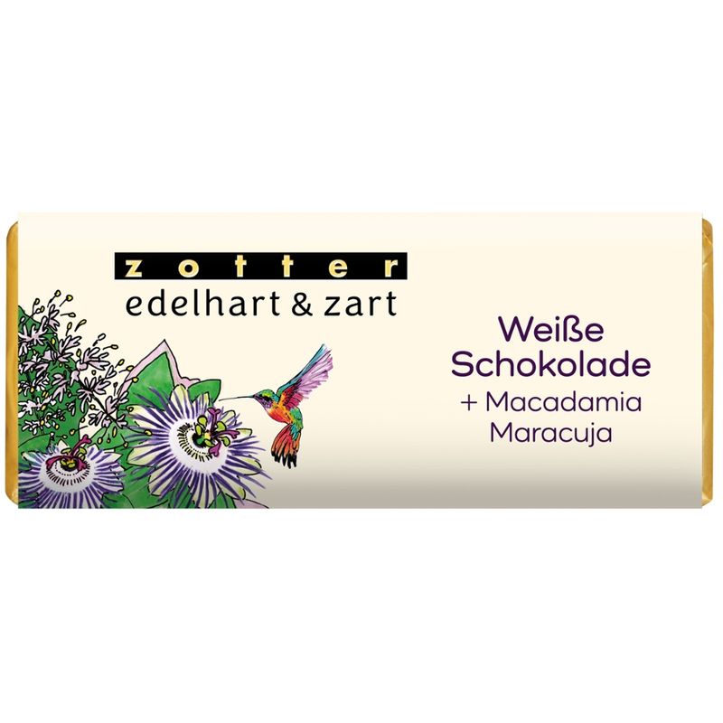 Zotter Schokolade edelhart & zart Weiße Schokolade + Macadamia / Maracuja - Produktbild