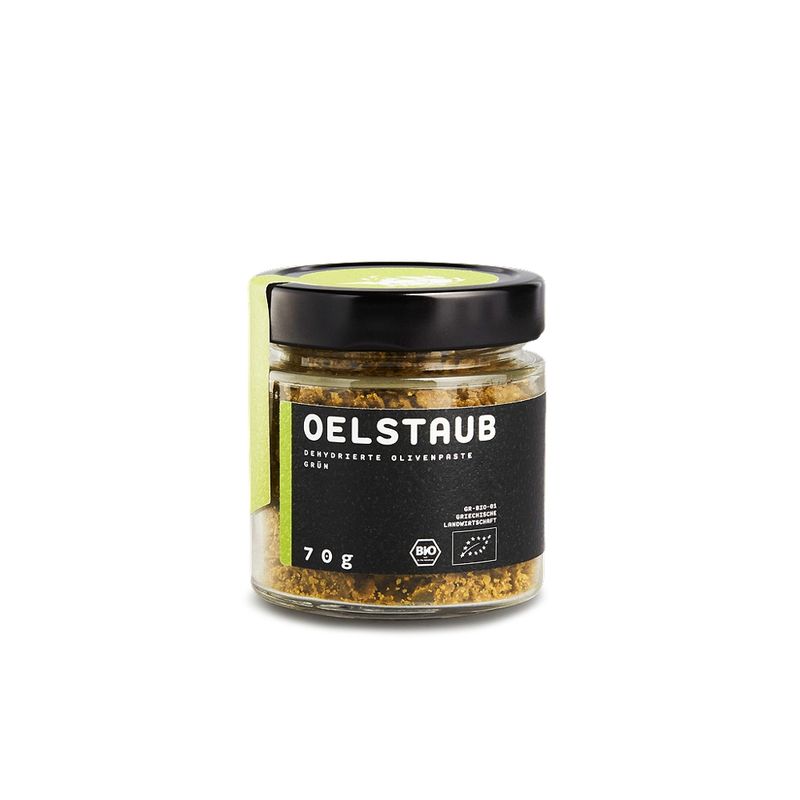 OEL  OELSTAUB Grün - getrocknete grüne Oliven (95%)*, Natives Olivenöl (0,4%)*, Meersalz, Bukovo*, Koriander*, Knoblauch* - Produktbild