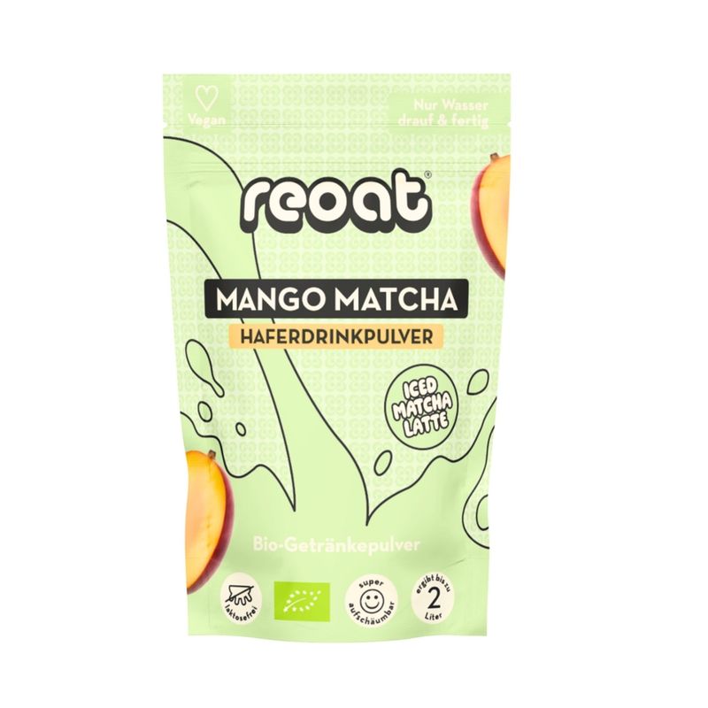 reoat Bio Haferdrinkpulver mit Matcha und pulverisierter Mango zur Zubereitung eines Matcha Latte - Produktbild