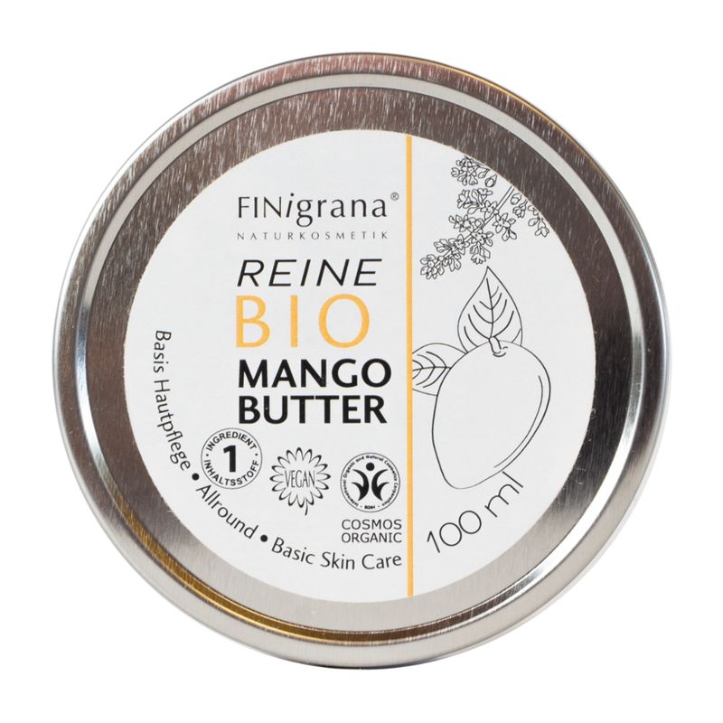 FINigrana® Naturkosmetik FINigrana® 100% Reine Bio-Mangobutter, 100ml in Weißblechdose und Umkarton  COSMOS ORGANIC - Produktbild