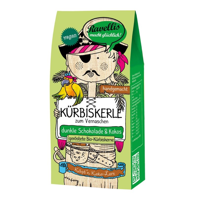 Ravellis "KÄPT´N KOKO-LORE" Geröstete Bio-Kürbiskerne veredelt mit dunkler Schokolade & Kokos - Produktbild