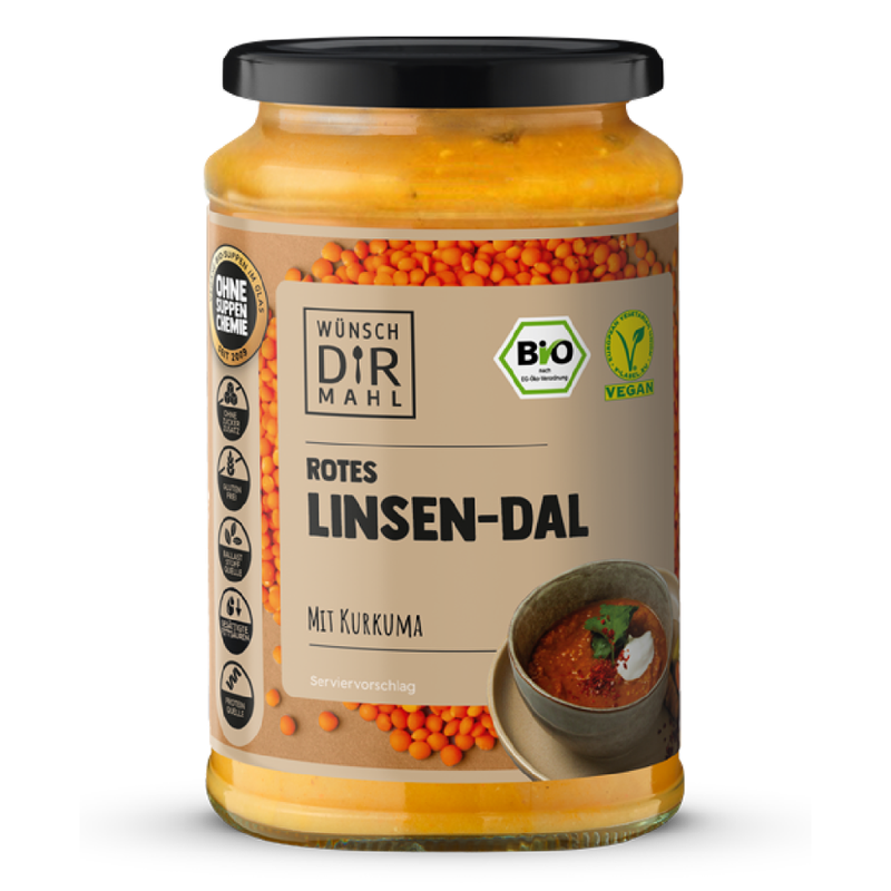 Wünsch Dir Mahl Pfandglas - rotes Linsen-Dal mit Kurkuma 380ml Bio & vegan - Produktbild