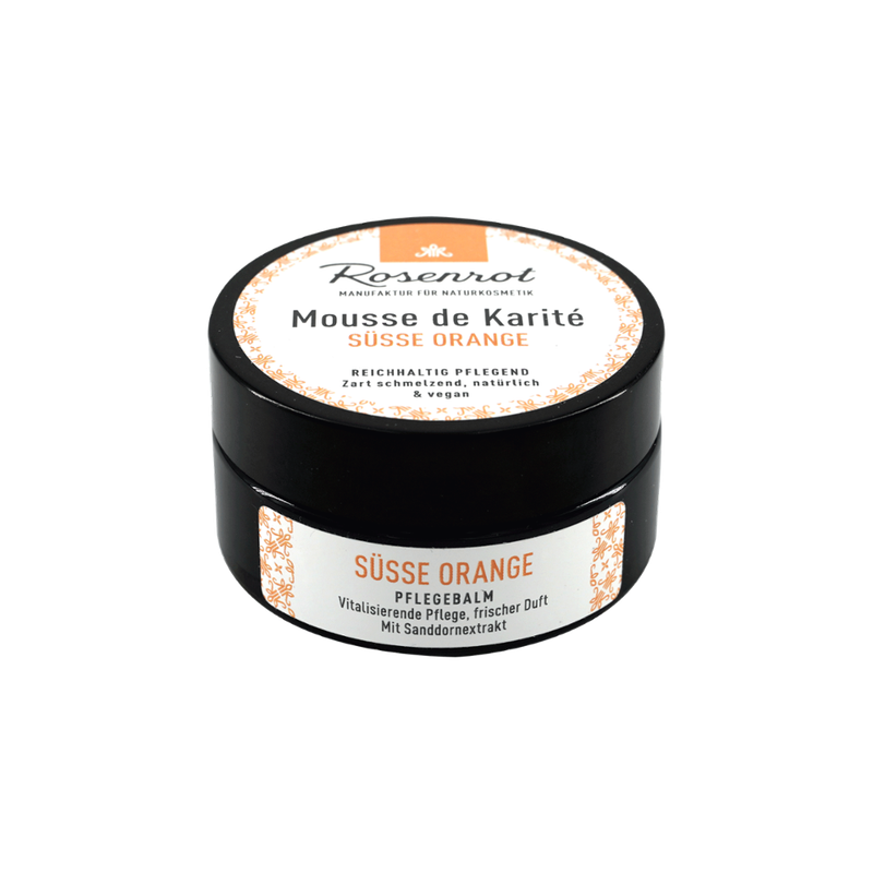 Rosenrot Naturkosmetik Mousse de Karité Süße Orangen - 100ml - Diese wunderbar geschmeidige und leicht feste Mousse pflegt die Haut glatt, seidig weich und wirkt regenerierend und feuchtigkeitsspendend. - Produktbild