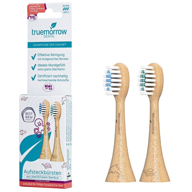 truemorrow Aufsteckbürsten für Philips Sonicare Kids Schallzahnbürsten 2er Pack, weich, blau/grün, FSC 100% - Produktbild