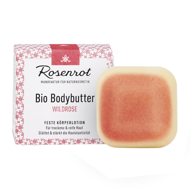 Rosenrot Naturkosmetik Bio Bodybutter Wildrose - 70g - Diese reichhaltige Pflegebutter duftet zart nach frischen, blühenden Rosen und hinterlässt ein ganz samtiges Hautgefühl. - Produktbild