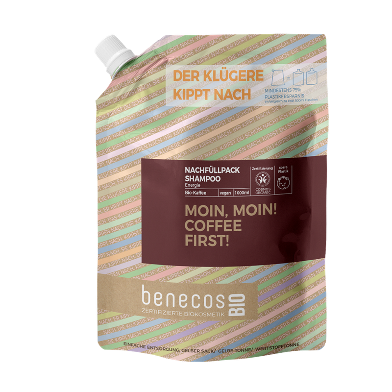 benecos benecosBIO Nachfüllbeutel 1000 ml Shampoo Energie BIO-Kaffee - MOIN MOIN! COFFEE FIRST! - Produktbild
