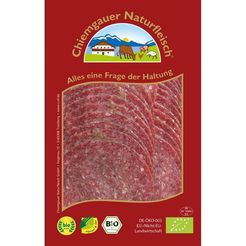 Chiemgauer Naturfleisch Bio-Edelsalami, geschnitten, 65 g, SB, kbA - Produktbild
