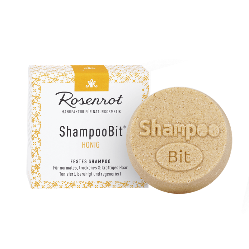 Rosenrot Naturkosmetik festes ShampooBit® Honig - 60g - in Schachtel - Hilft dem besonders trockenem eher kräftigem Haar sich zu regenerieren. Duftet zart nach Honig und sorgt für geschmeidige und glänzende Haare. - Produktbild