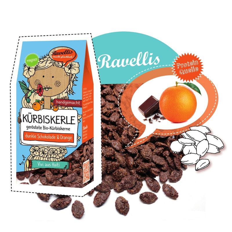 Ravellis "VIVI AUS HAITI" Geröstete Bio-Kürbiskerne veredelt mit dunkler Schokolade & Orange - Produktbild