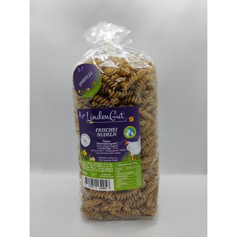 LindenGut Bio Dinkel-Spirelli-Frischeinudeln aus der Zweinutzungshuhn-Hühnermobilhaltung der ökologischen Tierzucht, 500g vom LindenGut - Produktbild