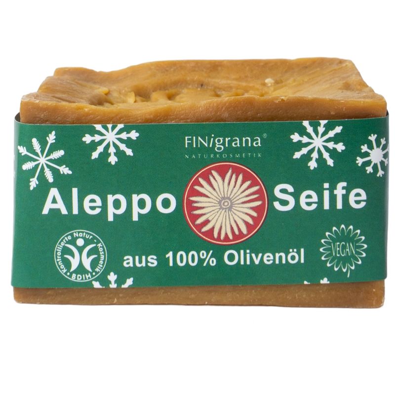 FINigrana® Naturkosmetik FINigrana Aleppo Seife, reine Olive, 200g traditionell handgeschnitten, Winterdesign "SCHNEEFLOCKE" - Produktbild