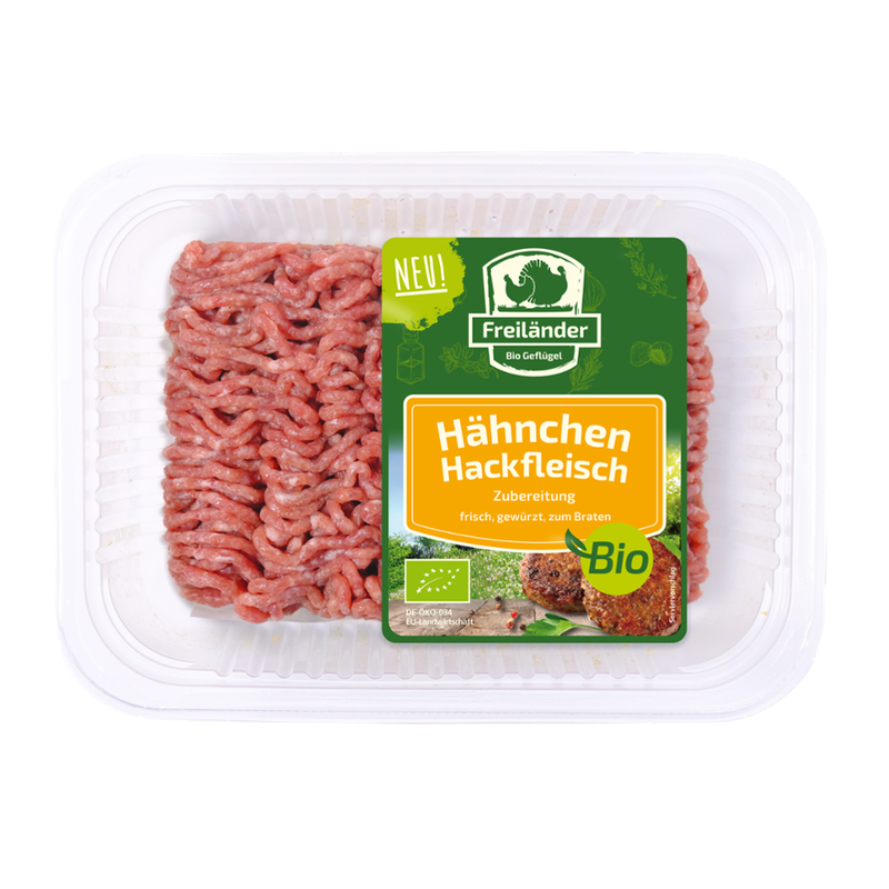 Freiländer Bio Geflügel Hähnchen-Hackfleischzubereitung, gewürzt, zum Braten, 250 g MAP, frisch - Produktbild
