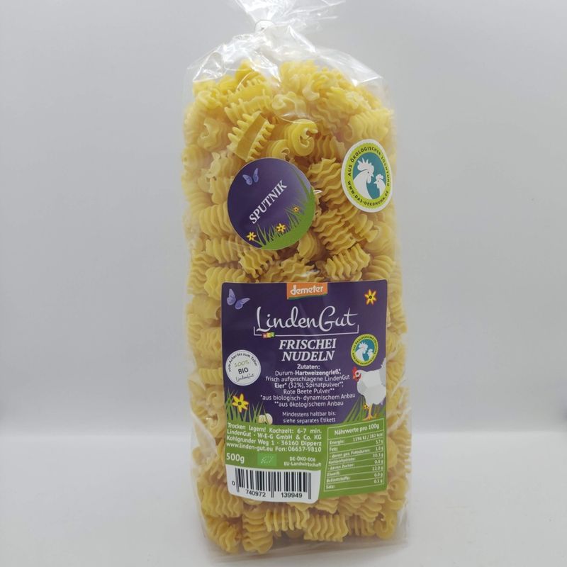 LindenGut Bio Sputnik-Frischeinudeln aus der Zweinutzungshuhn-Hühnermobilhaltung der ökologischen Tierzucht, Demeter, 500g vom LindenGut - Produktbild