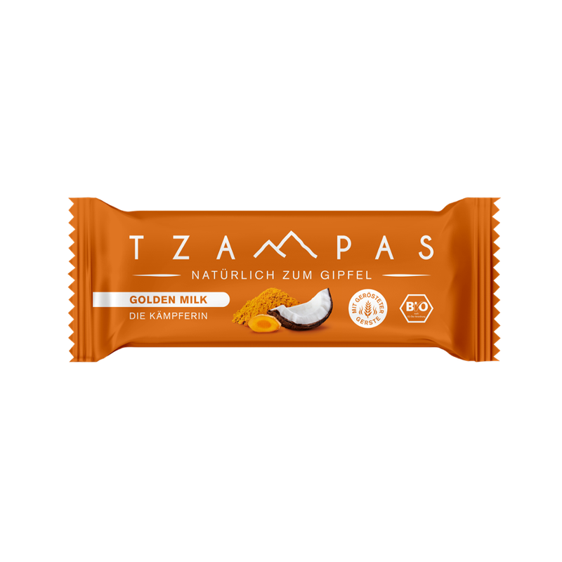 TZAMPAS TZAMPAS Energieriegel Golden Milk - Die Kämpferin. Natürlich zum Gipfel. Mit gerösteter Gerste, Kokos und Kurkuma. - Produktbild