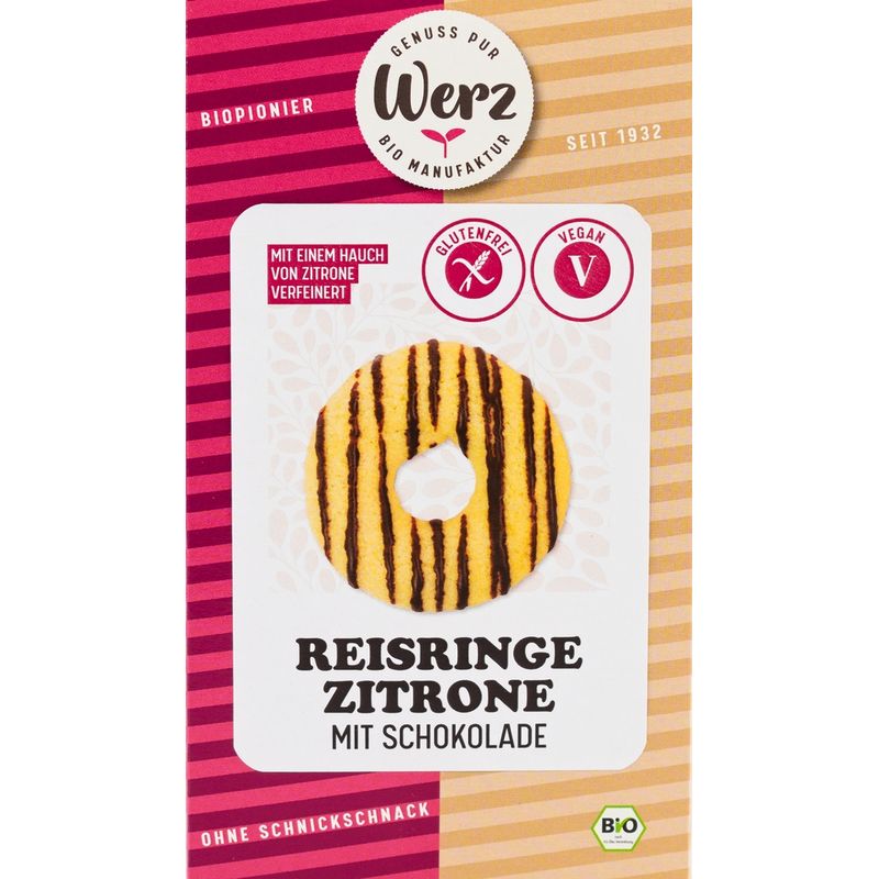 Naturkornmühle Werz Reis Ringe Zitrone mit Schokolade, Vollkornkekse, glutenfrei - Produktbild
