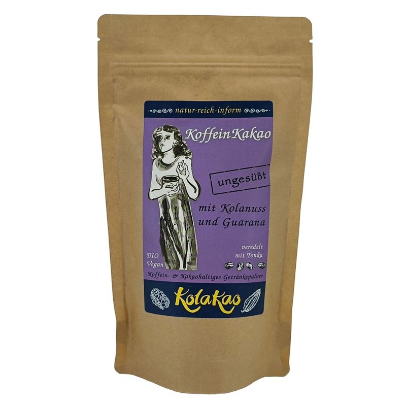 KolaKao KolaKao mit Guarana ungesüßt- der KoffeinKakao mit Kolanuss und Guarana als Koffeinquellen. Ein Getränkepulver mit edlem Kakao und Carob, ohne Zuckerzugabe und mit einer Spur Tonka verfeinert. Bio & Vegan. - Produktbild