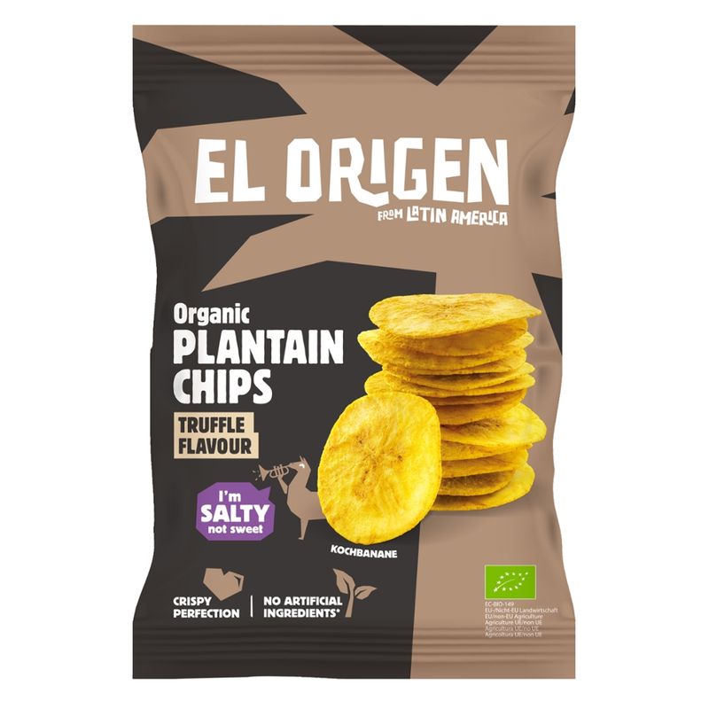 el origen el origen Bio Kochbananen Chips mit Trüffel-Geschmack, 80 g – aus direct trade, bio-zertifiziert, vegan, ohne Palmöl, glutenfrei, ohne Zusätze. - Produktbild