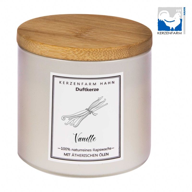 Kerzenfarm Hahn Von Hand gegossene Duftkerze im Glas, elfenbein, mit Holzdeckel, befüllt mit  Rapswachs, mit natürlichen ätherischen Ölen beduftet.  Natürlicher Duft Vanille - Produktbild