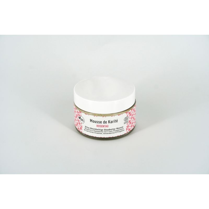 Rosenrot Naturkosmetik Mousse de Karité Rosentau - 100ml - Diese wunderbar geschmeidige und leicht feste Mousse pflegt die Haut glatt, seidig weich und wirkt regenerierend und feuchtigkeitsspendend. - Produktbild