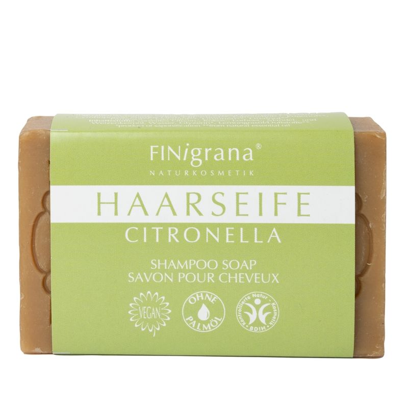 FINigrana® Naturkosmetik FINigrana Haarseife, mit rein ätheirschem Citronellaöl, aus 5 wertvollen Pflanzenölen, 100g rechteckig, zur milden Reinigung und Pflege von Haar und Kopfhaut - Produktbild