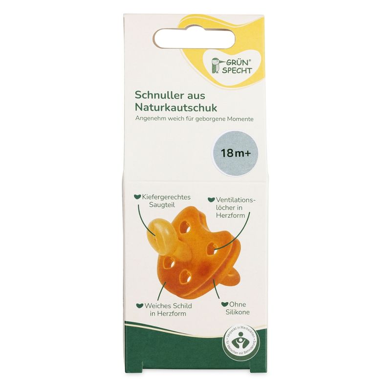 GRÜNSPECHT Naturprodukte GRÜNSPECHT Schnuller aus Naturkautschuk, 18 + Monate, der weiche Schild in Herzform bietet eine Aussparung für die Nase und ermöglicht eine natürliche Bewegungsfreiheit der Lippen- und Mundmuskulatur. - Produktbild