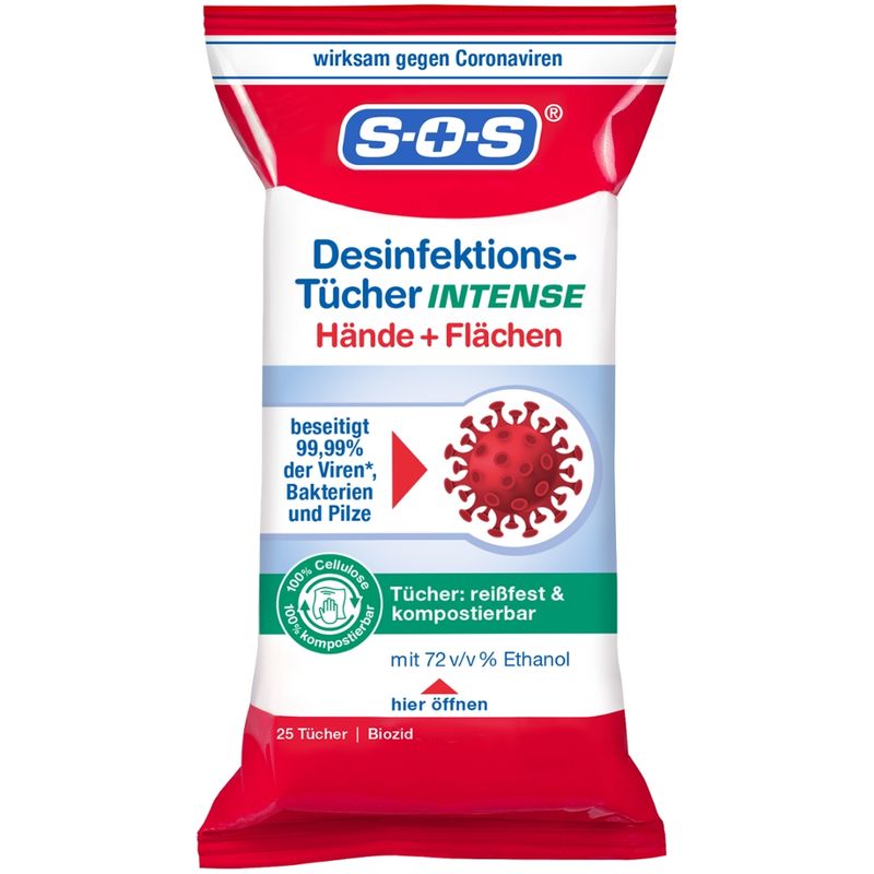 SOS SOS Desinfektions-Tücher INTENSE 25 St. Hände + Flächen ideal für unterwegs - Produktbild