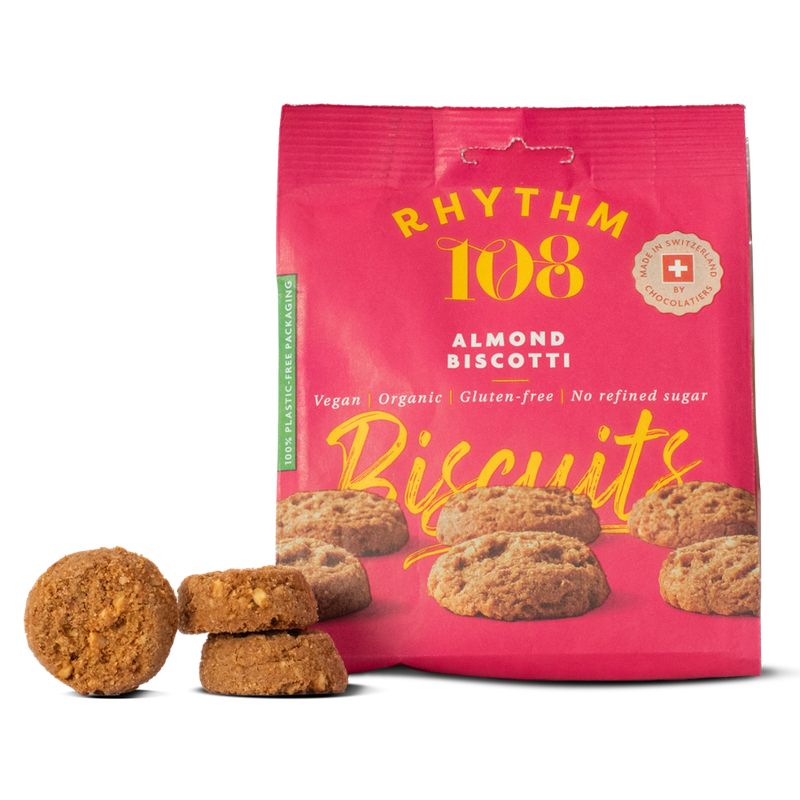 Rhythm 108 Unsere italien-inspirierten, buttrigen (ohne die Butter) Mandel-Biscotti sind voll gepackt mit Mandelstücken und mit natürlichem Kokosnussöl knusprig gebacken - Produktbild