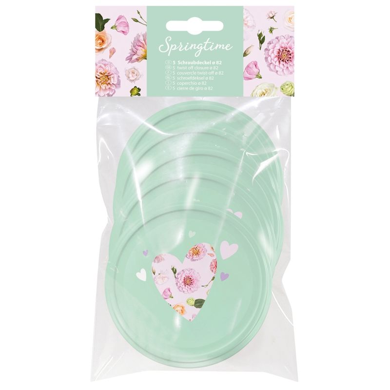 Dosen-Zentrale Züchner 5er Beutel 82 mm Caps "Rosa - Herz mint" d535 RTS verpackt im CPP-Flachbeutel inkl. Pappreiter "Springtime" mit EAN-Auszeichnung - Produktbild