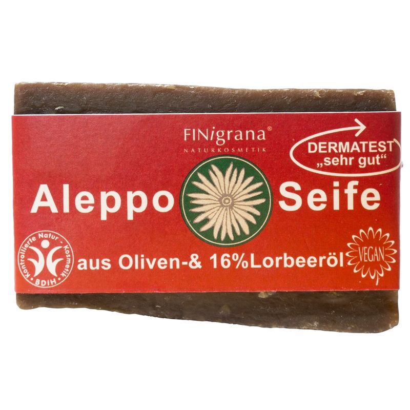 FINigrana® Naturkosmetik FINigrana Aleppo Olivenseife mit 16% Lorbeeröl,  180g traditionell handgeschnitter Naturblock,  milde Pflanzenseife für alle Hauttypen - Produktbild