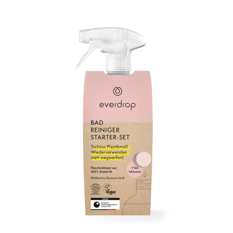 everdrop everdrop Badreiniger Starter Set Ecocert zertifiziert, zur Erstellung von 500ml Badreinigungsmittel (Inhalt: 1 x Mehrwegkunststoffflasche und 1 x Badreiniger Tab à 4g zum Auflösen) - Produktbild