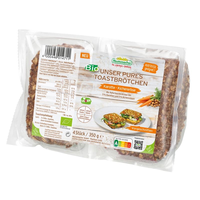 Mestemacher GmbH MM Bio Unser Pures Toastbrötchen Karotte-Kichererbse, 4 Stck., 350 g - Produktbild