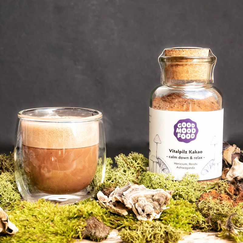 goodmoodfood Vitalpilz Kakao, Calm down & Relax, mit Extrakten aus Hericium und Reishi + Ashwagandha, 180g, im Glas - Produktbild