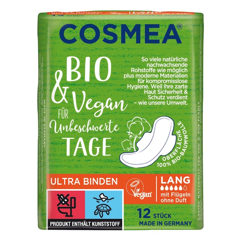 COSMEA®  COSMEA® Comfort BIO Ultra Binden, VEGAN, Lang mit Flügeln, 12 Stück - Produktbild