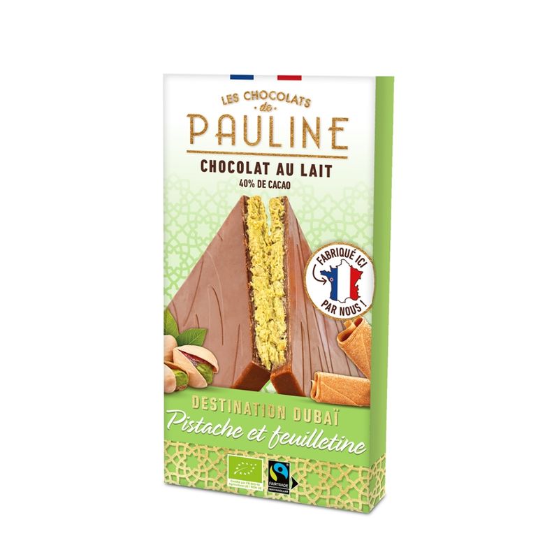 LES CHOCOLATS DE PAULINE Milk chocolate tablet filled with pistachio nut and pieces of crispy crepes - Produktbild