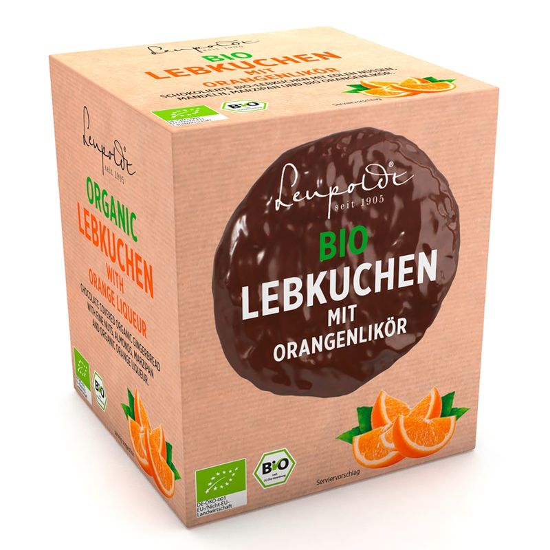 Leupoldt Feine Bio Oblaten-Lebkuchen mit 14% Nüssen und Mandeln im Lebkuchen, Marzipan und Orangenlikör (40% vol.). - Produktbild