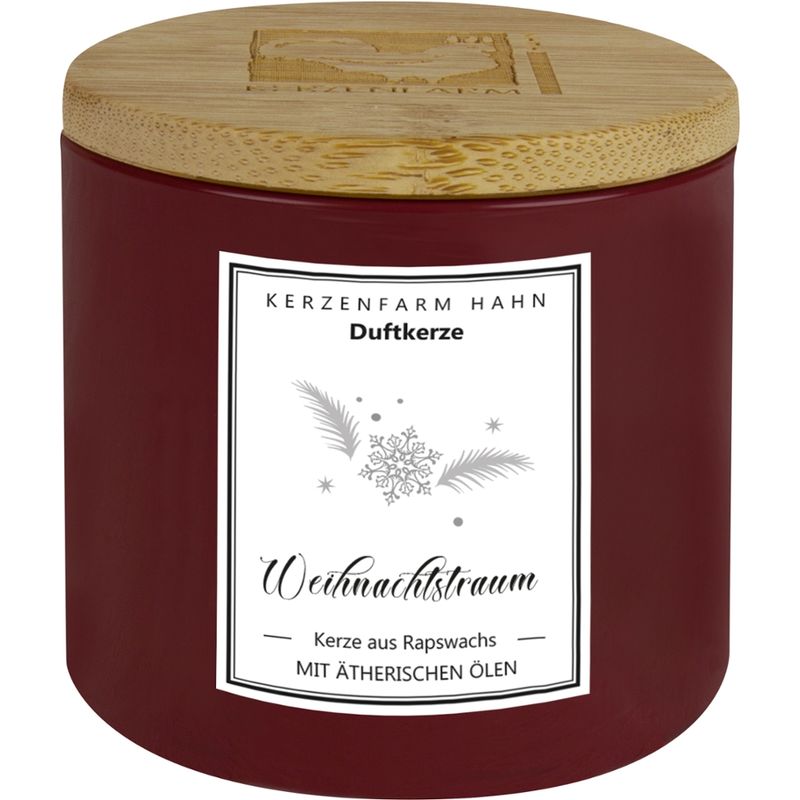 Kerzenfarm Hahn Von Hand gegossene Duftkerze im Glas, dunkelrot, befüllt mit  Rapswachs, mit natürlichen ätherischen Ölen beduftet.  Natürlicher Duft Weihnachtstraum - Produktbild