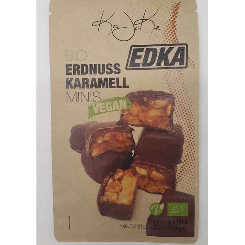 Bio vegane Konditorei KoJaKe bio vegane Kuvertüre gefüllt mit Karamell, Erdnüssen und pflanzlicher Erdnusscream auf Sojabasis - Produktbild