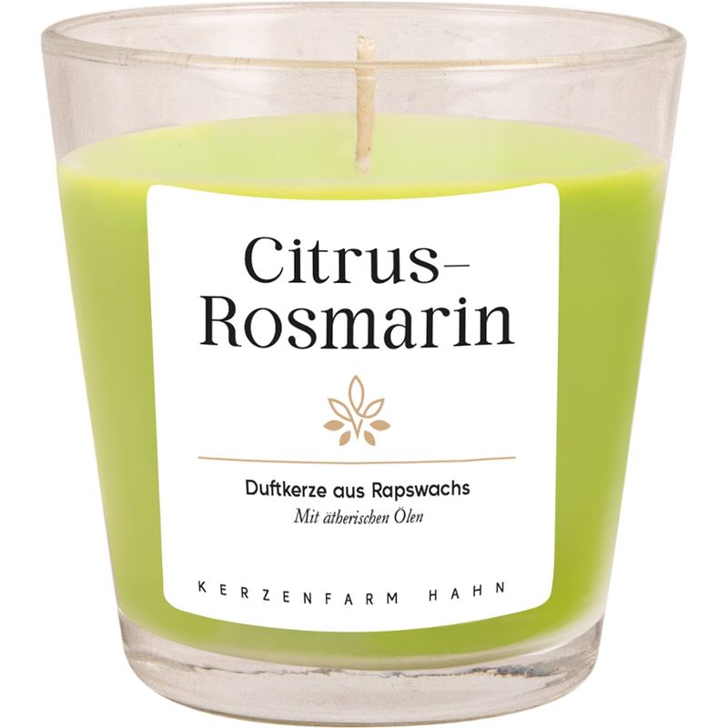 Kerzenfarm Hahn Rapswachskerze im Glas, mit ätherischem Duft Citrus-Rosmarin beduftet, Farbe: pastellgrün - Produktbild