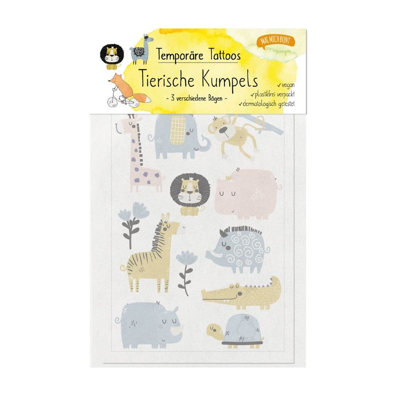 Malmichbunt Nachhaltige Kindertattoos "Tierische Kumpels" (Füchse, Serengeti, Lama) - Produktbild
