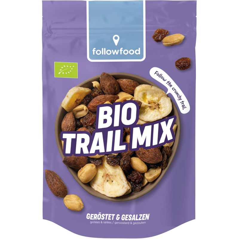 followfood Bio-Mischung aus gerösteten und gewürzten Nusskernen, Trockenfrüchten und frittierten und gesüßten Bananenscheiben - Produktbild
