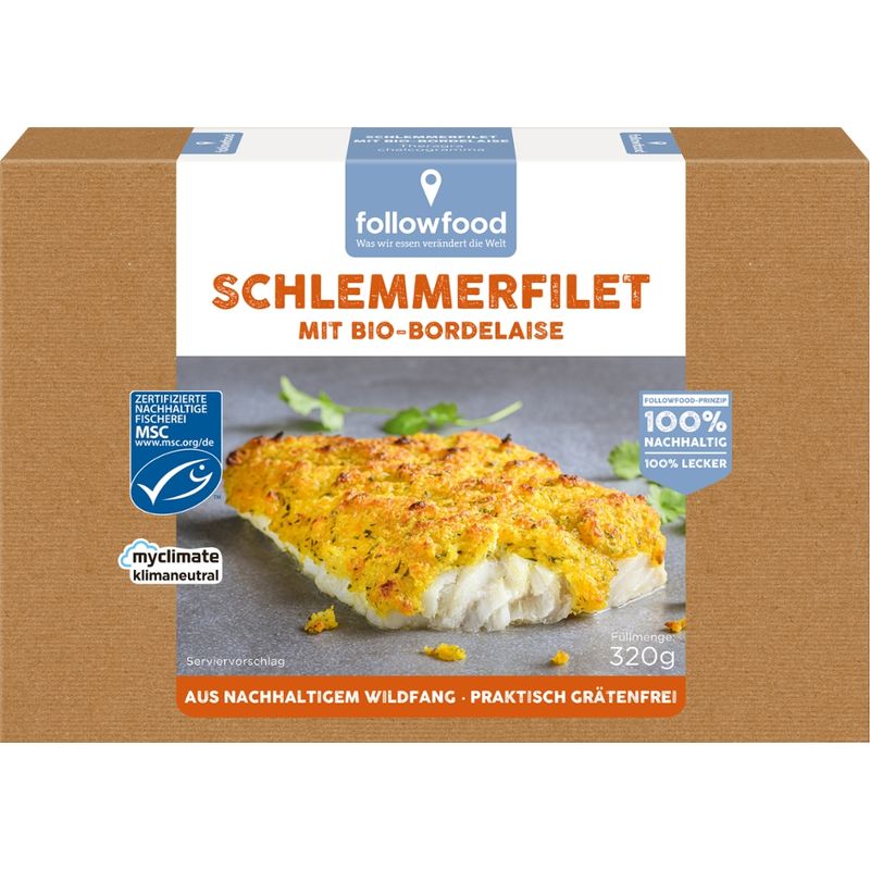 followfood Schlemmerfilet mit Bio Bordelaise, Alaska-Seelachs-Filet mit knuspriger Bio-Kräuterauflage, praktisch grätenfrei, aus Blöcken geschnitten, tiefgekühlt. - Produktbild