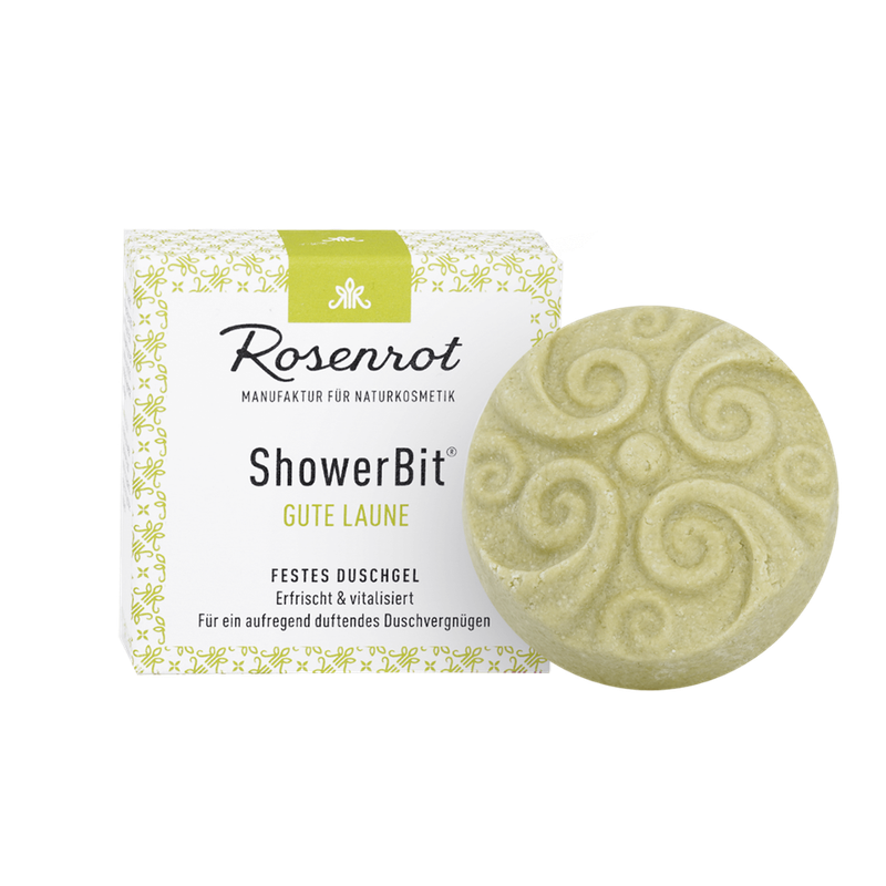Rosenrot Naturkosmetik ShowerBit® - festes Duschgel Gute Laune - 55g - in Schachtel - Vitalisierende Pflegedusche mit Bio-Sanddornfrucht-Extrakt verwöhnt die Haut und versorgt mit viel Feuchtigkeit. - Produktbild