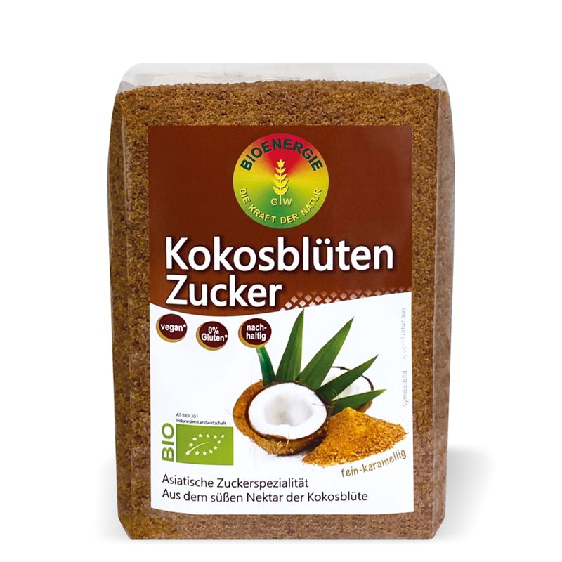 BIOENERGIE Bio KOKOSBLÜTENZUCKER, aus reinem Blütennektar von Kokospalmen, eine asiatische Zuckerspezialität, fein-karamelliges Aroma, enthält von Natur aus Kalium - Produktbild