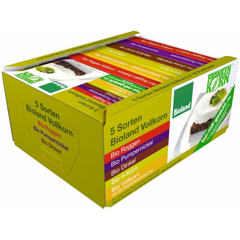Frankenkorn Sortiment aus 5 Brotsorten (Bio Roggen-Vollkornbrot, Bio Pumpernickel, Bio Dinkelbrot, Bio 4-Korn-Brot, Bio Vollkorn mit 5% Sonnenblumenkernen) - Produktbild