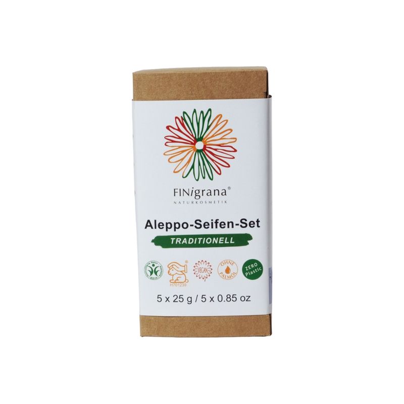 FINigrana® Naturkosmetik FINigrana Aleppo Seifen Set "Traditionell" 5x25g inkl. Baumwollbeutel - Produktbild