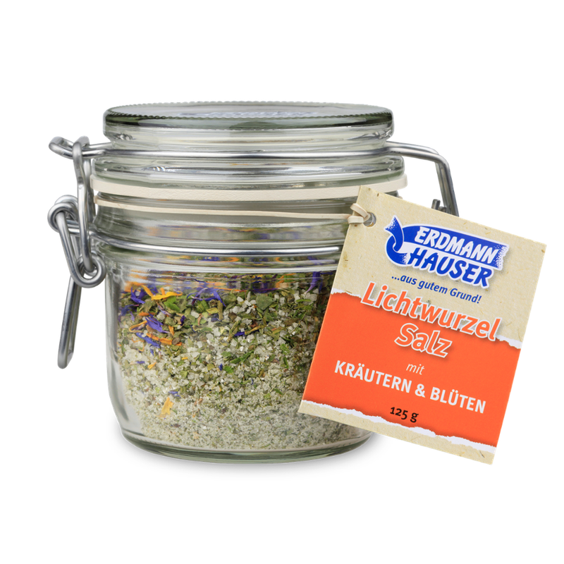 ErdmannHAUSER Getreideprodukte ErdmannHAUSER Lichtwurzel Salz mit Kräutern und Blüten im Glas - Produktbild